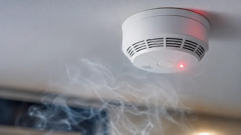 Detector de humo blanco montado en el techo con su LED rojo encendido, mientras volutas de humo gris ascienden hacia el sensor