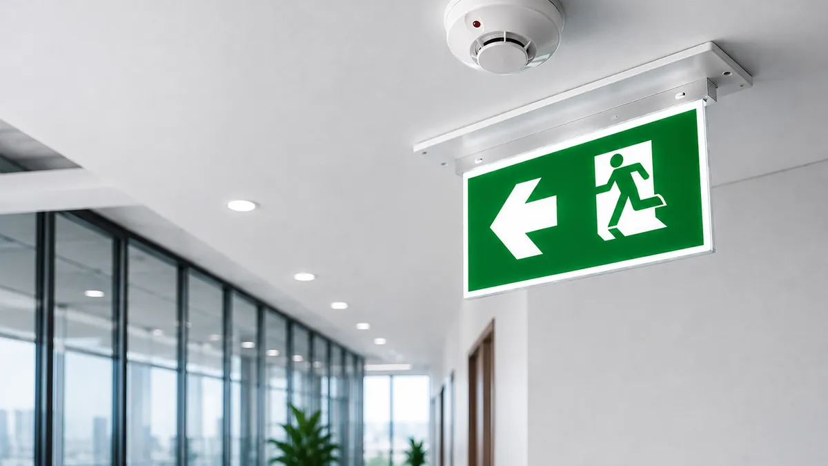 Ilustración 3D de un pasillo de oficina moderno con una señal de salida de emergencia verde iluminada, un detector de humo blanco, ventanales con vista a la ciudad y plantas decorativas