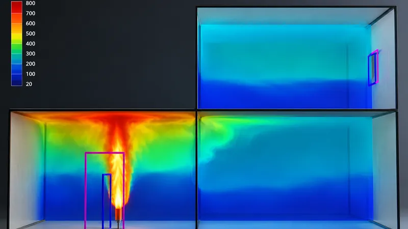 Simulación CFD de temperatura y propagación de humo de un incendio entre dos habitaciones