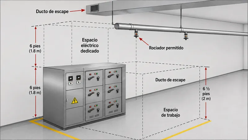 Interior de un cuarto eléctrico industrial con tableros de distribución metálicos alineados en fila, cableado organizado en canaletas superiores y una cabeza de rociador automático visible en el techo