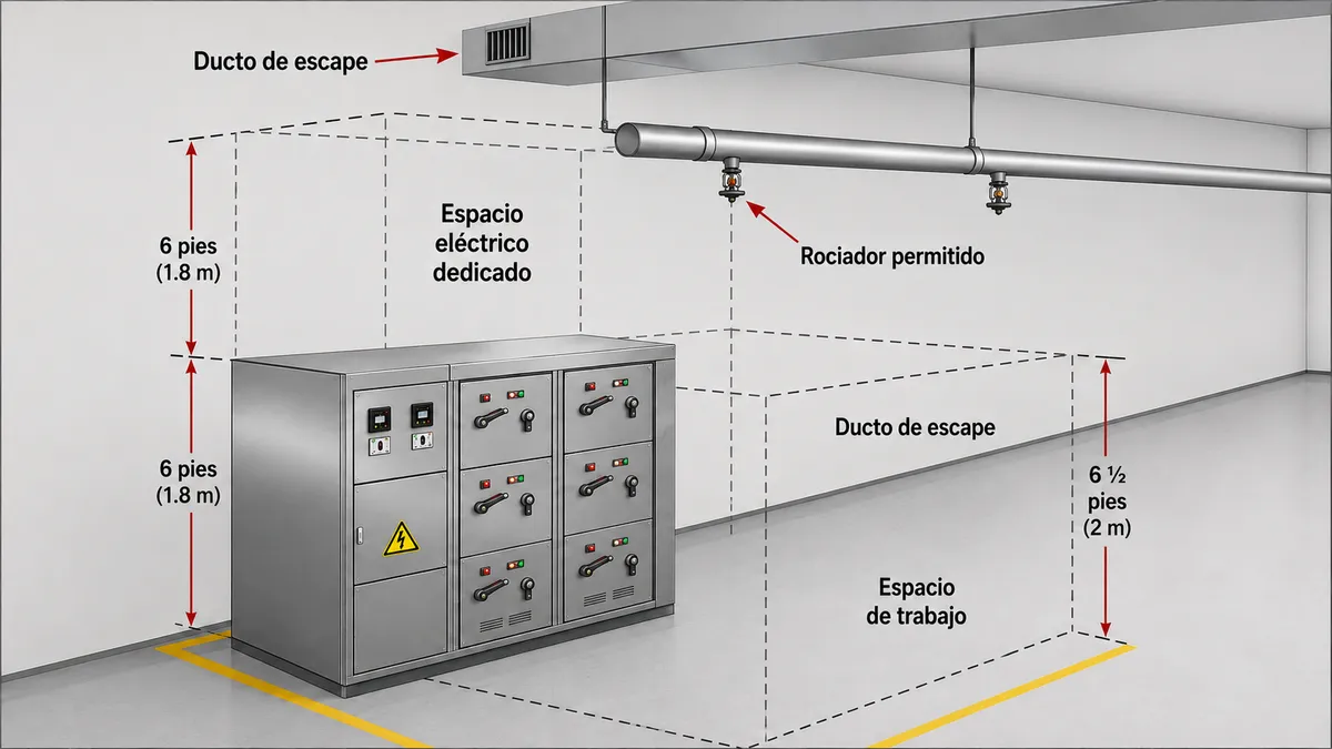 Interior de un cuarto eléctrico industrial con tableros de distribución metálicos alineados en fila, cableado organizado en canaletas superiores y una cabeza de rociador automático visible en el techo
