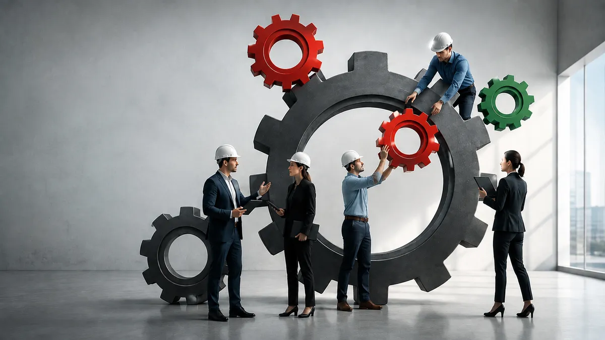 Cinco profesionales con casco blanco ensamblan un gran engranaje gris en un espacio industrial luminoso, con piezas adicionales rojas y verde suspendidas, simbolizando el trabajo coordinado y la competencia profesional