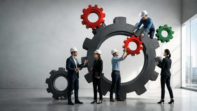 Cinco profesionales con casco blanco ensamblan un gran engranaje gris en un espacio industrial luminoso, con piezas adicionales rojas y verde suspendidas, simbolizando el trabajo coordinado y la competencia profesional