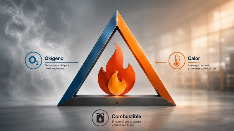 Diagrama del triángulo del fuego en 3D, con una llama naranja y amarilla al centro y tres elementos etiquetados: 'O₂ Oxígeno', elemento esencial para que el fuego exista; 'Calor', la energía que inicia y mantiene la combustión; y 'Combustible', el material que se quema y alimenta el fuego