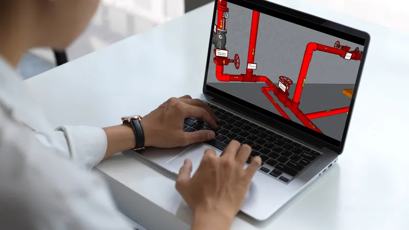 Modelo BIM en 3D de un sistema de tuberías contra incendio visualizado en un computador portátil